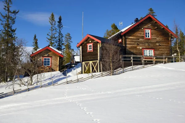 Wooden Chalets Snow Covered Trees Storhogna Sweden — Stock Photo, Image