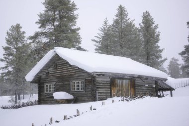 Old cottage in scandinavia winter wonderland. clipart