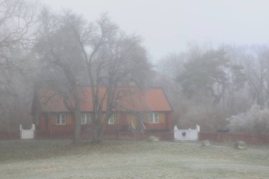 Eski İsveç kırmızı ahşap evi sisli bir sabahta