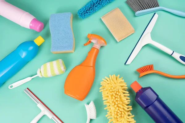 House Cleaning Plastic Product Green Table Background Home Service Housekeeping — Stockfoto