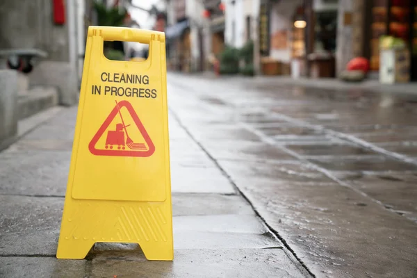 close up of warning sign for cleaning in progress