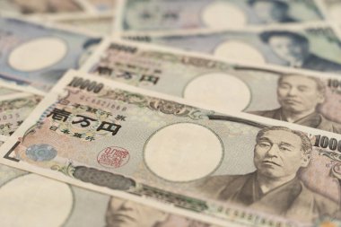 Japon banknotlarını kapat. Bir tomar fatura. Bankalar, finans ve Japon ekonomisi konulu arka plan