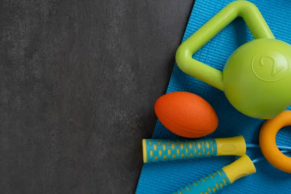 Time Exercising Sport Equipment Yoga Mat Background Healthy Workout Concept Стоковое Изображение