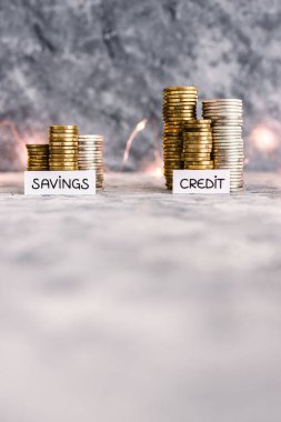 Çek tasarruf ve kredi hesap metinleri büyüyen madeni paraların önünde. Para, bolluk ve zenginlik hakkındaki kavramsal imaj