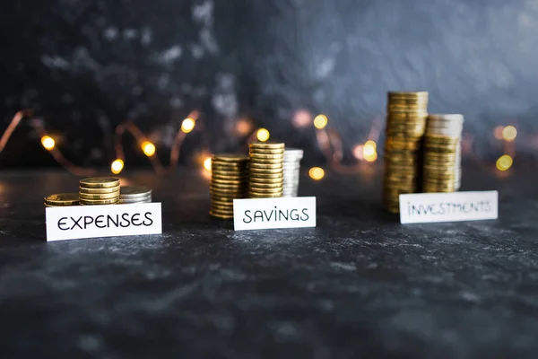 Expenses Savings Investment Text Front Growing Stacks Coins Conceptual Image — Stock Photo, Image