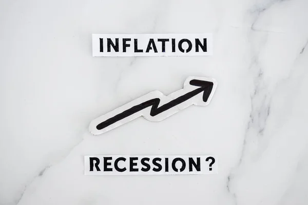 Infláció Nyíllal Felfelé Recessziós Szövegek Kérdőjellel Alatta Gazdasági Kérdések Fogalma — Stock Fotó