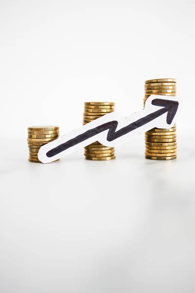 Growing Stacks Coins Arrow Going Concept Prices Becoming More Expensive — Stock Photo, Image