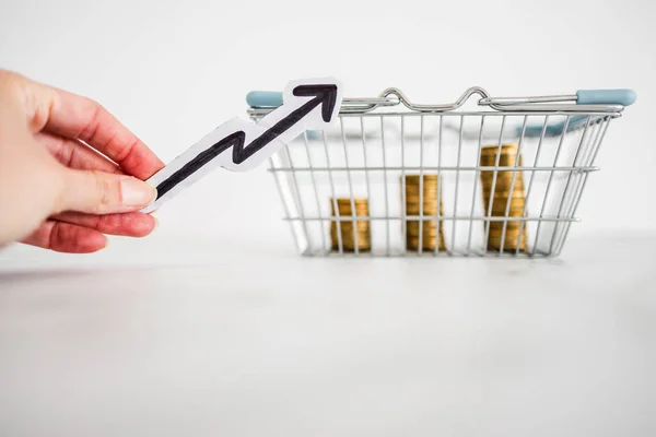 Prices Increasing Rising Inflation Conceptual Image Shopping Basket Growing Stacks — Stock Photo, Image