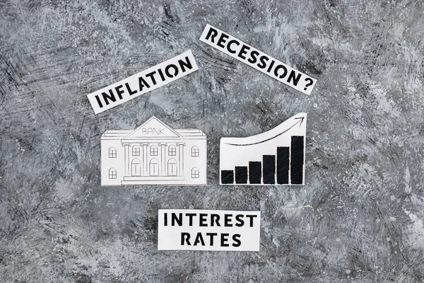 Úrokové Míry Inflace Recese Texty Ikonou Banky Vedle Grafu Rostoucí — Stock fotografie