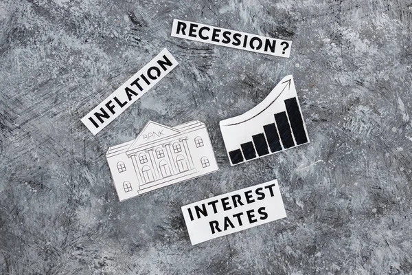 Kamatlábak Infláció Recesszió Szövegek Bankikonnal Grafikon Mellett Statisztikákkal Felfelé Gazdasági — Stock Fotó
