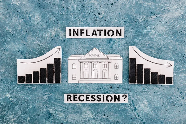 Inflációs Recessziós Szövegek Bankikonnal Grafikonok Között Statisztikákkal Felfelé Majd Lefelé — Stock Fotó