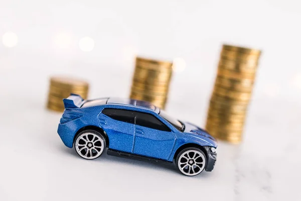 Toy Car Front Increasing Stacks Coins Concept Car Prices Going — Stock Photo, Image
