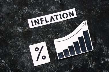 Yüzdelik sembol ve istatistiklere sahip enflasyon metni koyu arkaplanda artmakta, salgından sonra ekonomik mücadele kavramı