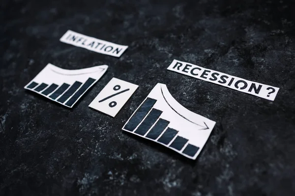 Inflációs Recessziós Szöveg Százalékszimbólumokkal Diagramokkal Amelyek Megélhetési Költségeket Gazdasági Növekedést — Stock Fotó