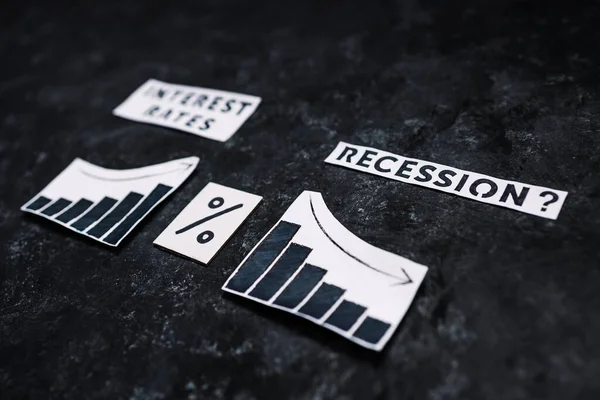 Процентные Ставки Текст Рецессии Процентными Символами Графиками Показывающими Рост Стоимости — стоковое фото