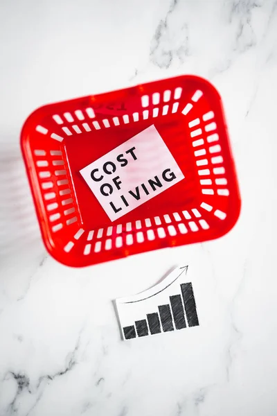 stock image cost of living and rising inflation conceptual image with empty red shopping basket with text inside and graph showing prices going up next to it