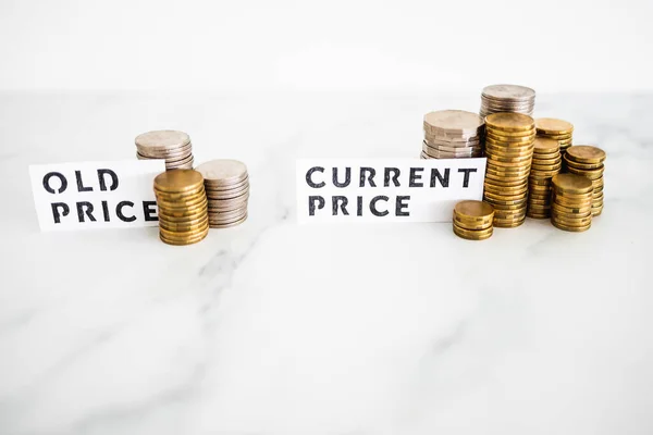 stock image inflation and cost of living going up concept, Old price vs Current Price with small and big stacks of coins side by side for comparison