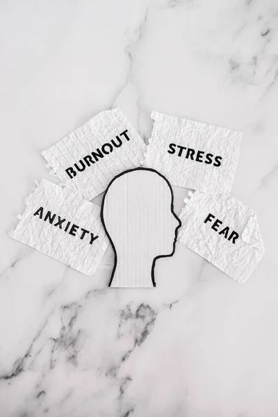 stock image mental health and reaching out for help conceptual image, cardboard head surrounded by scrunched up paper with texts Anxiety Burnout Fear and Stress