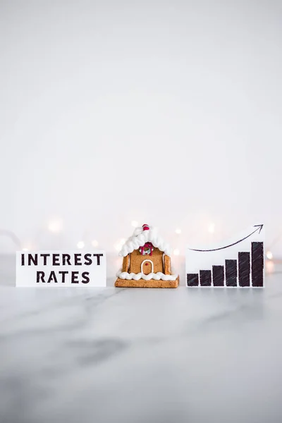 cost of living and inflation rising around Christmas 2022, gingerbread house next to interest rates graph with stats going up and fairy lights in the background