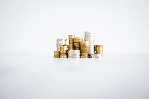 Stacks Different Coins Shot Shallow Depth Field Isolated White Minimalist — Stock Photo, Image