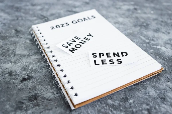 Money Spend Less 2023 Goals Notebook Concept Financial Stability Being — Fotografia de Stock