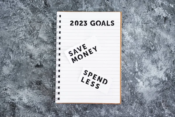 Money Spend Less 2023 Goals Notebook Concept Financial Stability Being — Stock Fotó