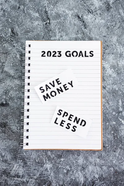 Money Spend Less 2023 Goals Notebook Concept Financial Stability Being — Zdjęcie stockowe