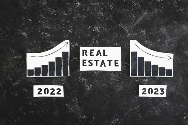 real estate text with 2022 chart showing stats increasing and 2023 graph showing stats decreasing, concept of property market plunging