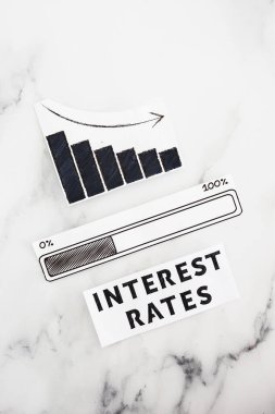 interest rates going down, text with graph showing stats decreasing and progress bar loading underneath