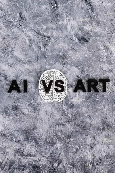 AI vs Art text with half human half robot brain, concept of Artificial Intelligence creating generative content based on art made by human authors