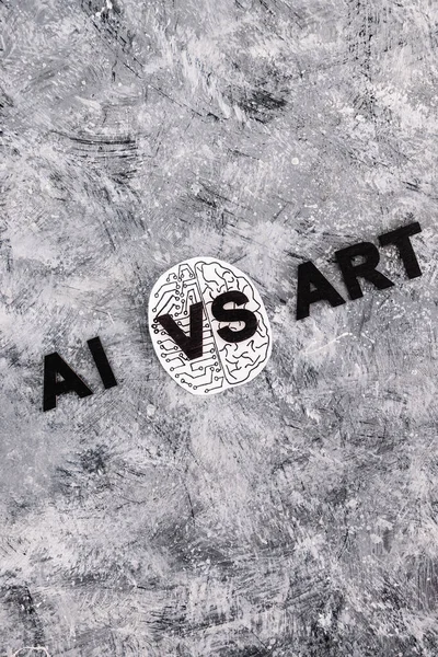 AI vs Art text with half human half robot brain, concept of Artificial Intelligence creating generative content based on art made by human authors