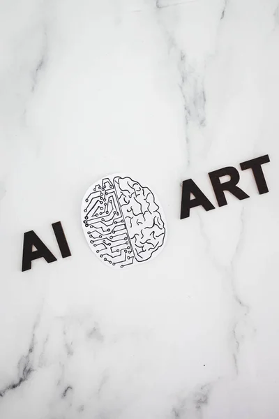 AI Art text with half human half robot brain, concept of Artificial Intelligence creating generative content based on art made by human authors