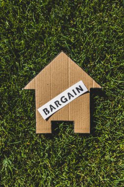 cardboard house with Bargain text on it on top of perfect green lawn, concept of real estate market and finding a dream property