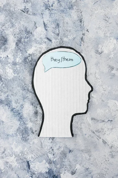 gender identity pronouns They Them on cardboard head's mind, concept of respecting people's identity in society
