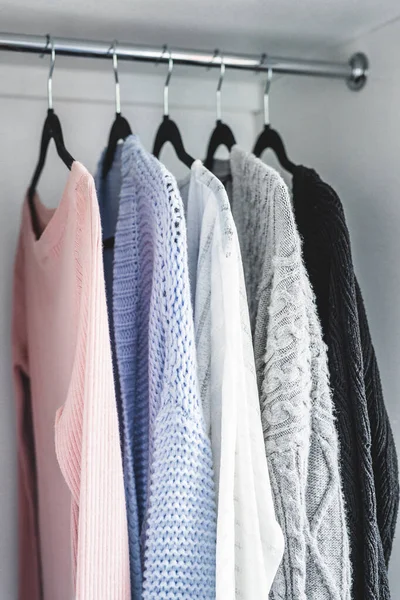 Minimalist Capsule Wardrobe Selection Womenswear Sweaters Cardigans Hang Wardrobe Rod Stock Image