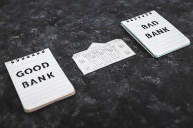 İflas ve bankalar kapanış konsepti, banknotların yanında kağıttan yapılmış iyi banka ve Bad Bank tex.