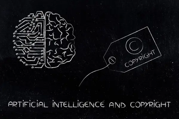 人工知能と著作権コンセプトイメージ その隣に著作権ラベルが付いている半分の人工脳 ロイヤリティフリーのストック画像