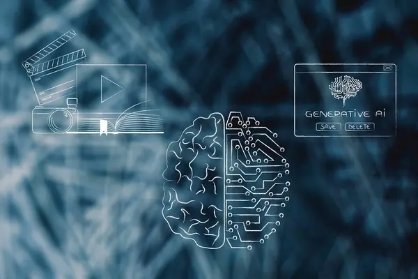 人脑创作视频 书籍和微晶片大脑创作生成人工智能内容 人工智能和深度学习概念图 图库图片