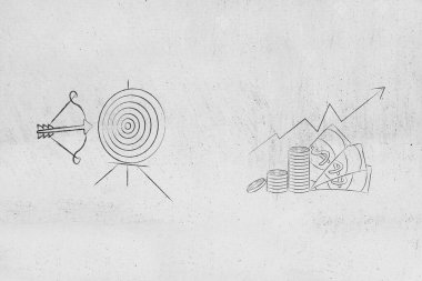 hedef enflasyon kavramsal illüstrasyon, hedef ve ok ok para yığını ve ok yukarı gidiyor