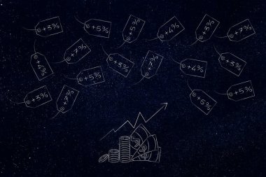 Tasarruf veya kâr konseptinizi artırmak, oklu yığınlar halinde nakit para ve yüzdelik artışlarla fiyat etiketleri 