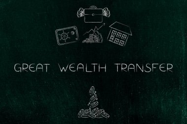 Büyük zenginlik kavramsal imaj aktarımı, güvenli para ve emlak simgelerinin yanına yazı yazma. İçinden madeni paralar dökülüyor.