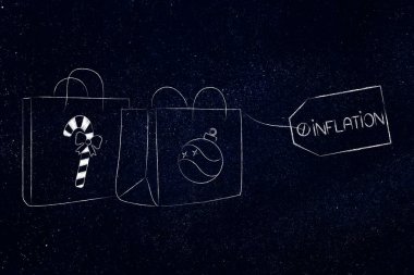 Noel zamanındaki enflasyon kavramsal imaj, alışveriş torbaları üzerindeki enflasyon fiyat etiketi