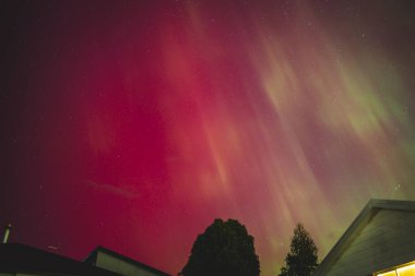 Aurora australis veya güney ışıkları Tazmanya 'nın açık gece gökyüzünden görünen yıldızlar ve takımyıldızlarla dolu, Mayıs 2024' te çekilen jeomanyetik fırtına olayı.