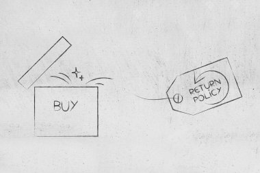 geri dönüş politikası ve başarısız ürünler kavramsal illüstrasyon, üzerinde Buy tex olan paket yanındaki ok ile etiketi iade