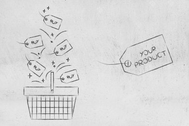 Ürününüz rekabete karşı kavramsal illüstrasyon, fiyat etiketi ve metin ile ürününüz alışveriş sepetinin yanında alışveriş etiketi içine düşüyor.