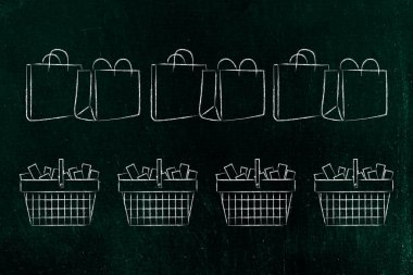 Alışveriş ve tüketici harcamaları kavramı, alışveriş torbaları ve sepetler dolusu eşyalar 