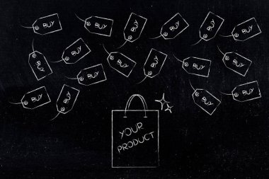 Ürününüz rekabete karşı kavramsal illüstrasyon, içinde metin olan alışveriş çantası ürününüz fiyat etiketi ile çevrelenmiş ürününüz metinle satın alın