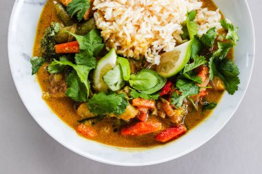 plant-based satay vegetable curry with rice, healthy food recipes clipart