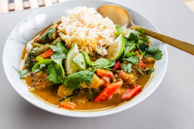 plant-based satay vegetable curry with rice, healthy food recipes clipart