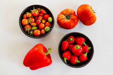 Taze toplanmış domates ve dolmalık biber, büyük ve küçük, basit doğal sağlıklı malzemeler konsepti.